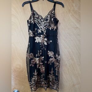 Black Rose Gold Prom Formal Cocktail Strap Dress with Floral Sequin Embroidery